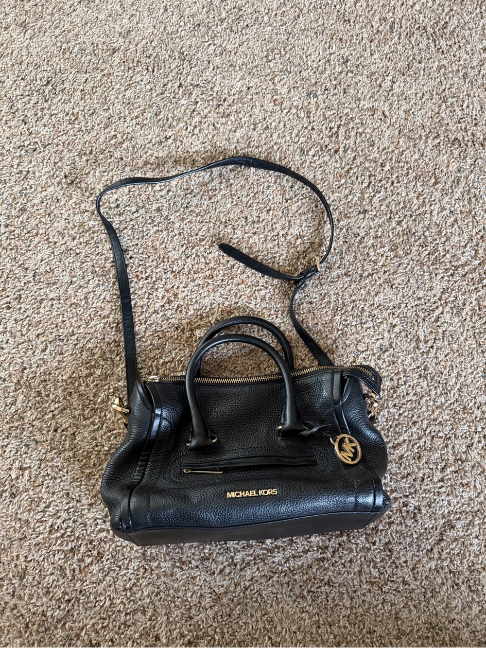 Michael Kors Black Pebbled Leather Satchel with Gold Hardware and Shoulder Strap